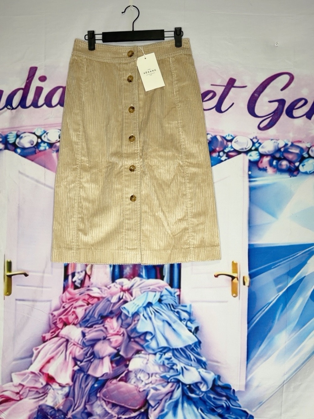 Sezane Beige Button-Front Corduroy Pencil Skirt EU36